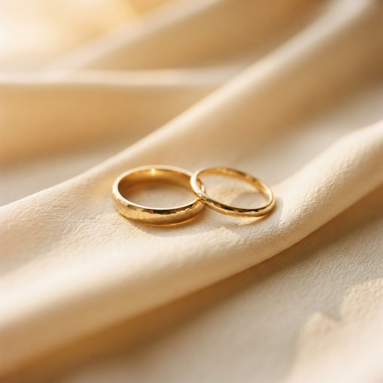 Dos anillos de boda de oro sobre tela de satén color crema.