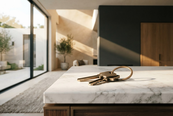 Llaves sobre una encimera de mármol blanco en el interior de una casa moderna bañada por el sol.