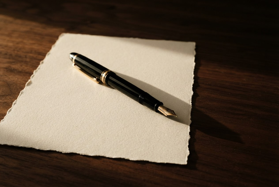 Una pluma estilográfica negra sobre una hoja de papel blanco rasgada sobre una mesa de madera.