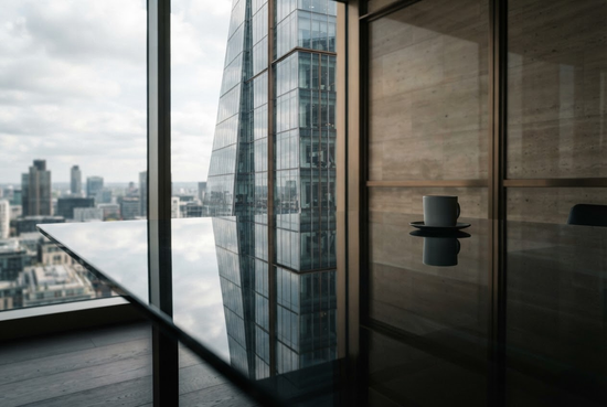 Interior moderno de un rascacielos con ventanales del suelo al techo con vistas al horizonte de la ciudad y paredes de vidrio reflectante.