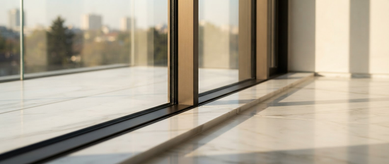 Pared de cristal iluminada por el sol y reflejos de ventanas en un suelo pulido en un interior moderno.