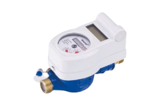 Blue, vertical centrifugal pump with motor and flanges.