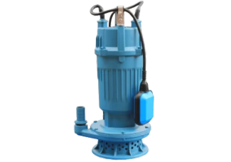 Blue submersible water pump with attached float switch, on a white background.