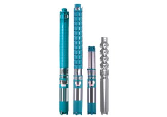 Four submersible water pumps of varying sizes, teal and silver.