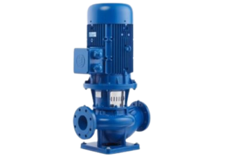 Blue, vertical centrifugal pump with motor and flanges.