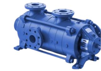 Blue industrial pump with multiple flanges and piping, possibly for water or liquid transfer.