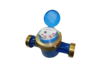 Blue submersible water pump with attached float switch, on a white background.