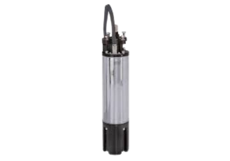 Submersible water pump with a metallic body, black base, and attached power cord.