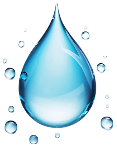 Large, glossy blue water droplet with smaller droplets against a white background.