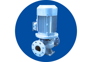 Electric water pump with vertical motor, blue circle background.