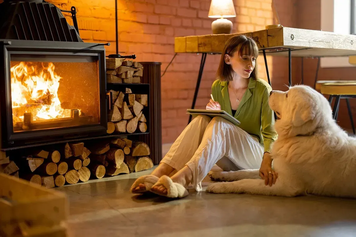 Una mujer está sentada en el suelo junto a un perro frente a una chimenea.
