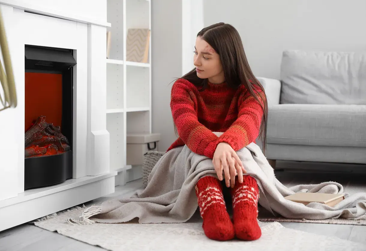 Una mujer está sentada en el suelo frente a una chimenea.