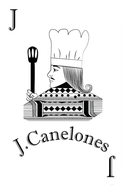 Logotipo de J. Canelones en blanco y negro con la ilustraci&oacute;n de un chef sosteniendo una cuchara y la letra J.