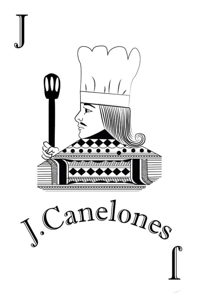 Logotipo de J. Canelones en blanco y negro con la ilustraci&oacute;n de un chef sosteniendo una cuchara y la letra J.