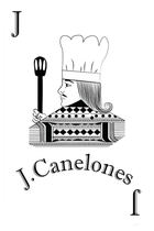 Logotipo de J. Canelones en blanco y negro con la ilustraci&oacute;n de un chef sosteniendo una cuchara y la letra J.