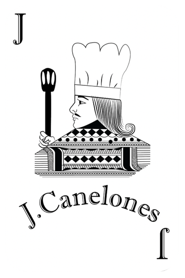 Logotipo de J. Canelones en blanco y negro con la ilustraci&oacute;n de un chef sosteniendo una cuchara y la letra J.