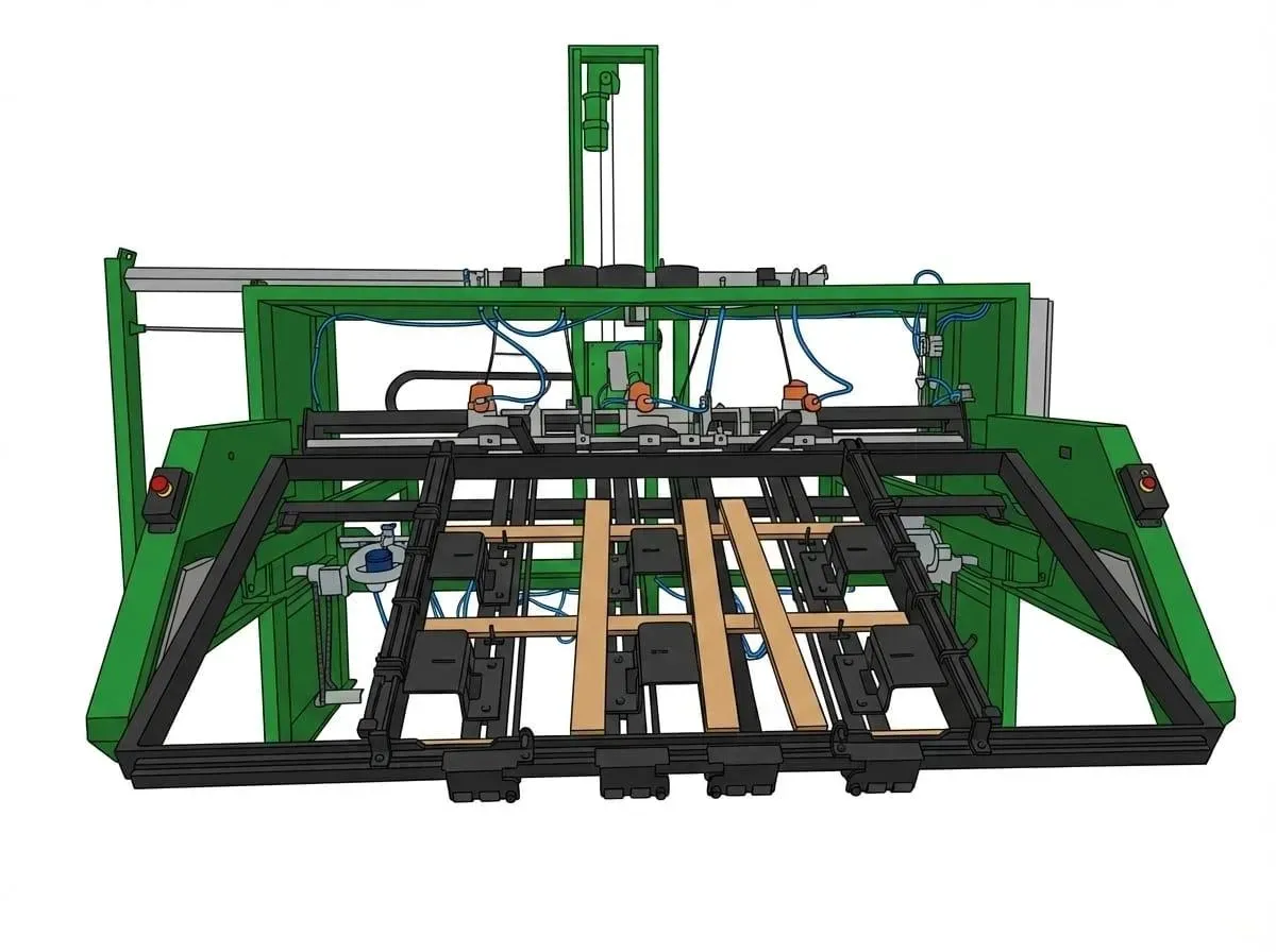 Una máquina industrial de ensamblaje de palets de color verde