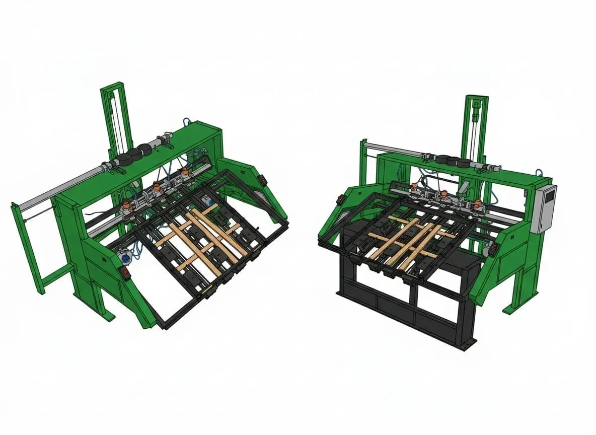 Dos máquinas industriales verdes para clavar palets de madera, expuestas desde diferentes ángulos sobre un fondo blanco.