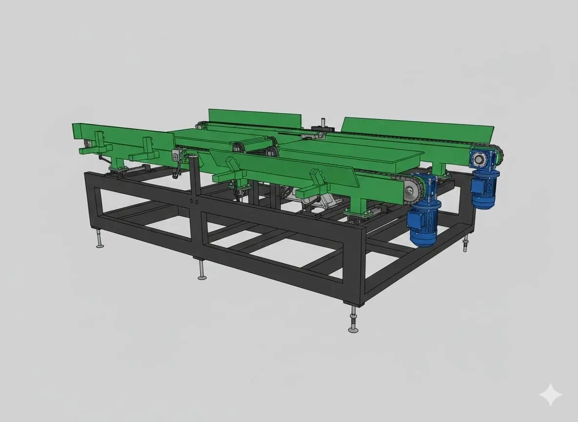 Modelo CAD 3D de una cinta transportadora industrial verde