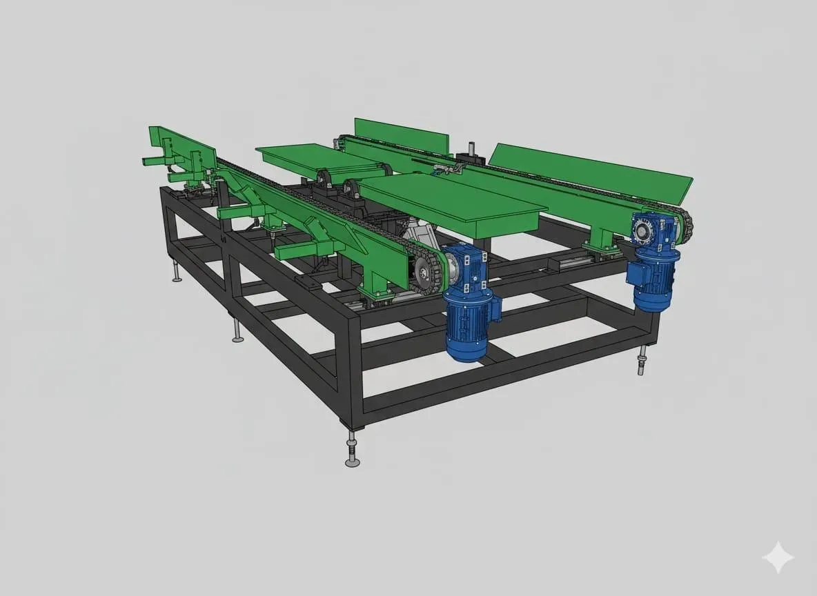 Un sistema de transporte industrial de doble carril de color verde con motores