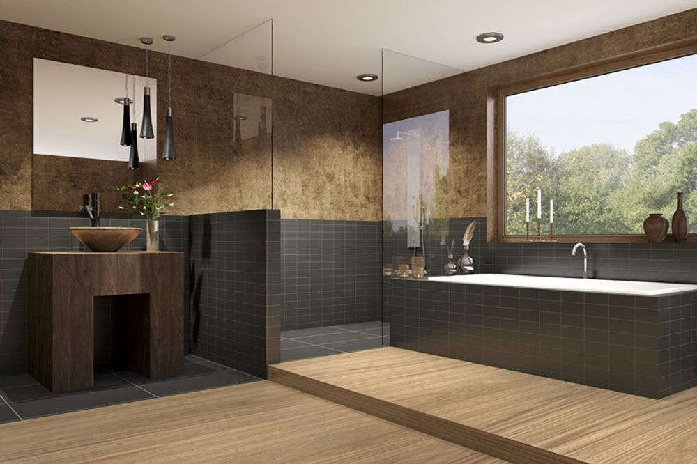 Ein Badezimmer mit Waschbecken, Badewanne und Fenster