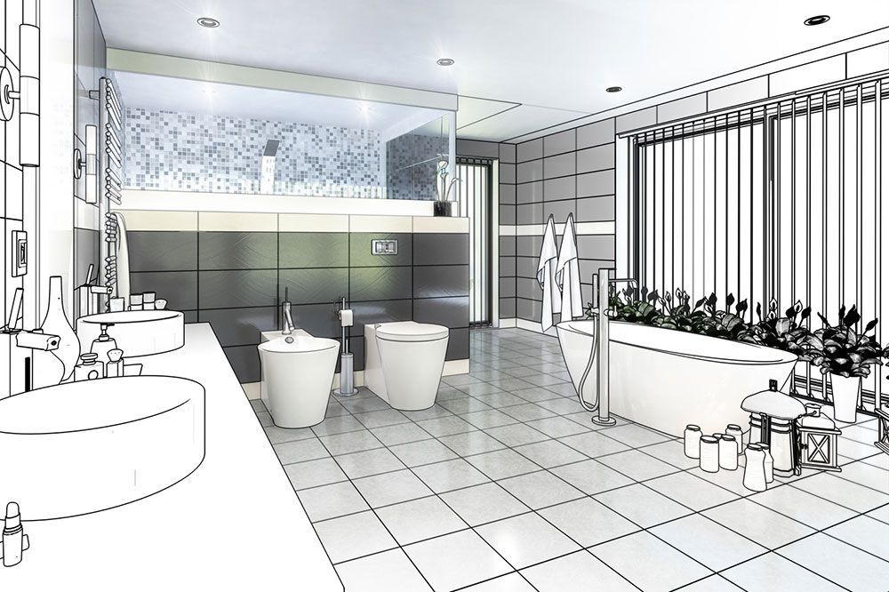 Eine schwarz-weiße Zeichnung eines Badezimmers mit Waschbecken und Toiletten