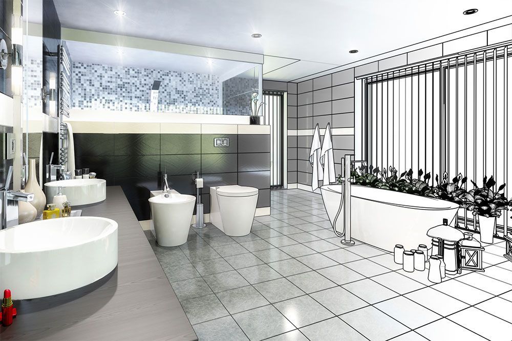 Eine schwarz-weiße Zeichnung eines Badezimmers mit Waschbecken und Toiletten