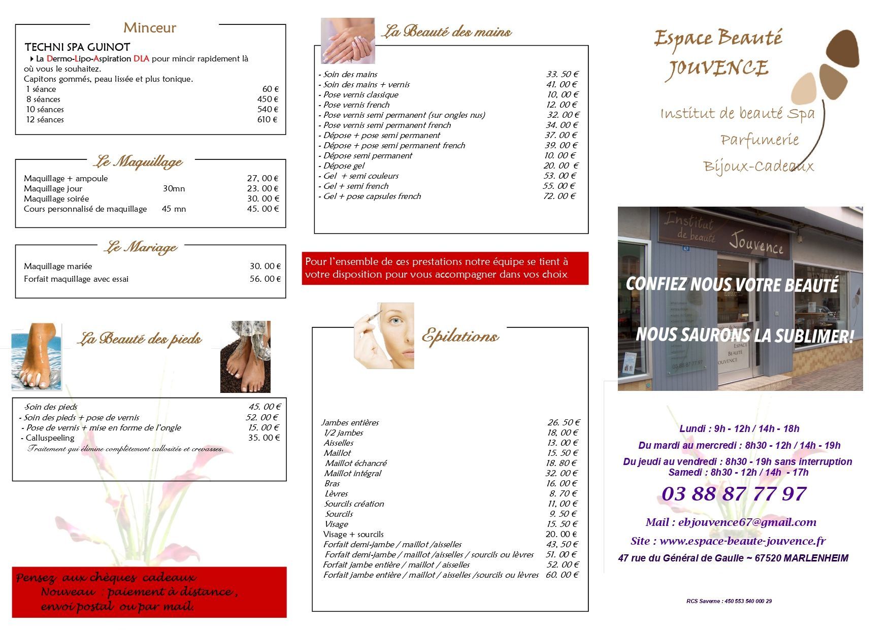 La page 2 des tarifs de l'institut