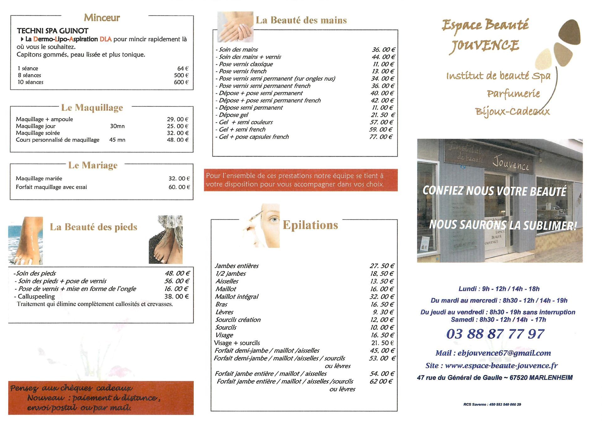 La page 2 des tarifs de l'institut