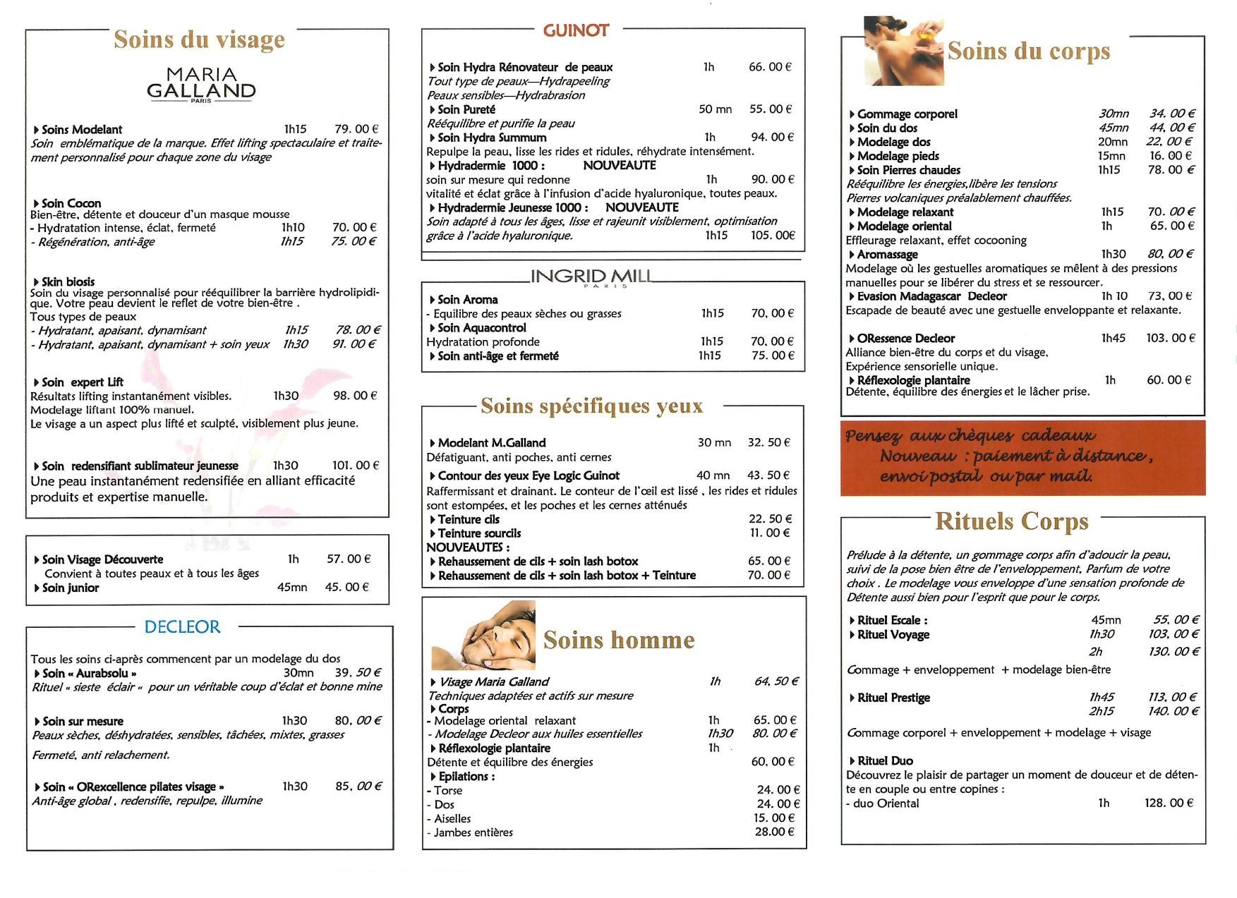 La page 1 des tarifs de l'institut