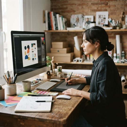 Espacio de trabajo de la dise&ntilde;adora con monitor mostrando proyecto en progreso, 