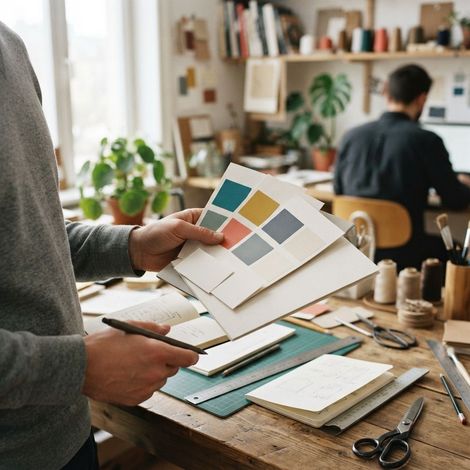 Detalle cercano de mano sosteniendo muestras de dise&ntilde;o gr&aacute;fico, paletas de color
