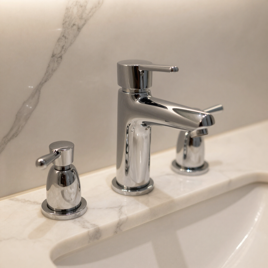 Grifo de baño cromado con dos manijas a juego sobre una encimera de lavabo blanca.