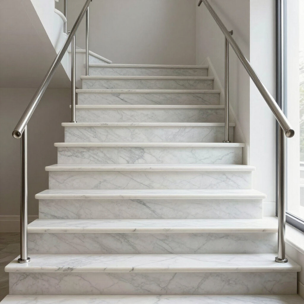 Escalera de mármol blanco con barandillas de acero inoxidable en un luminoso pasillo interior.