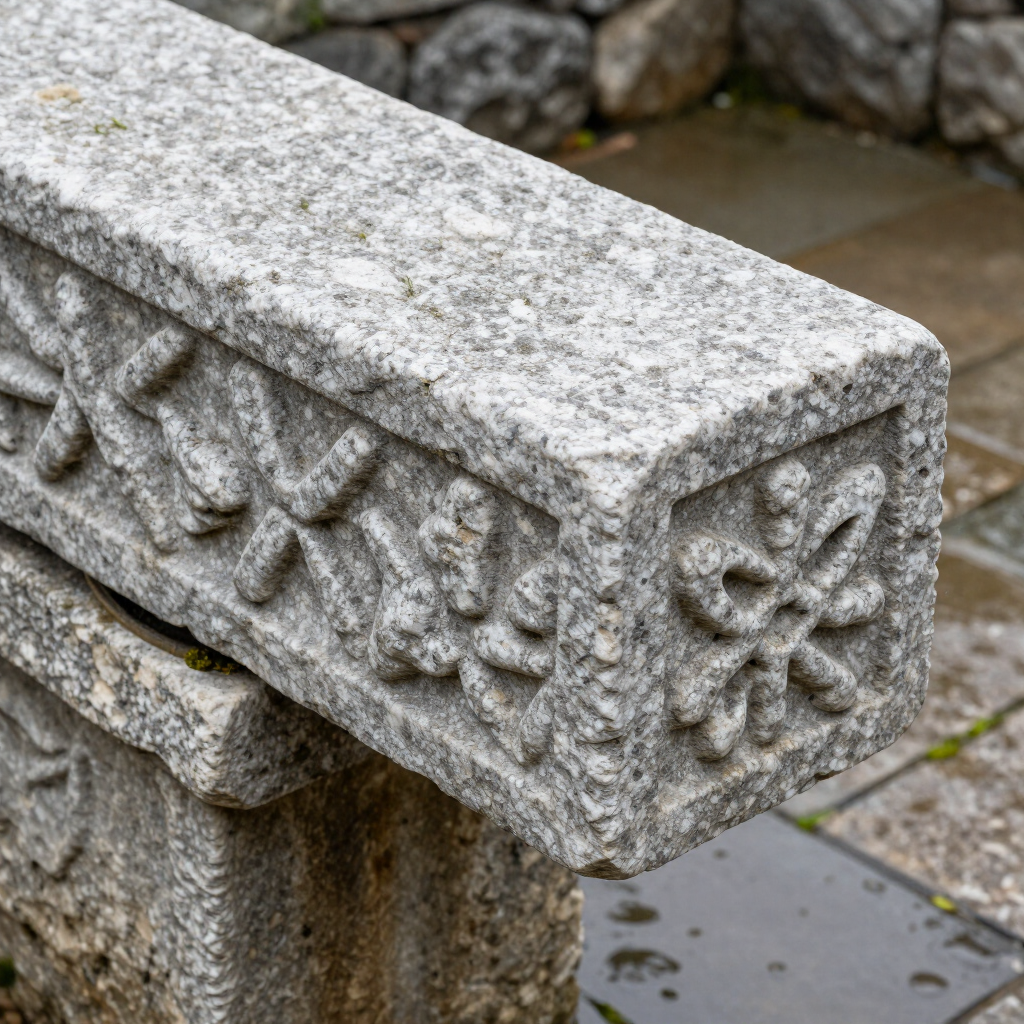 Primer plano de un banco de piedra gris tallada con motivos florales en el exterior.