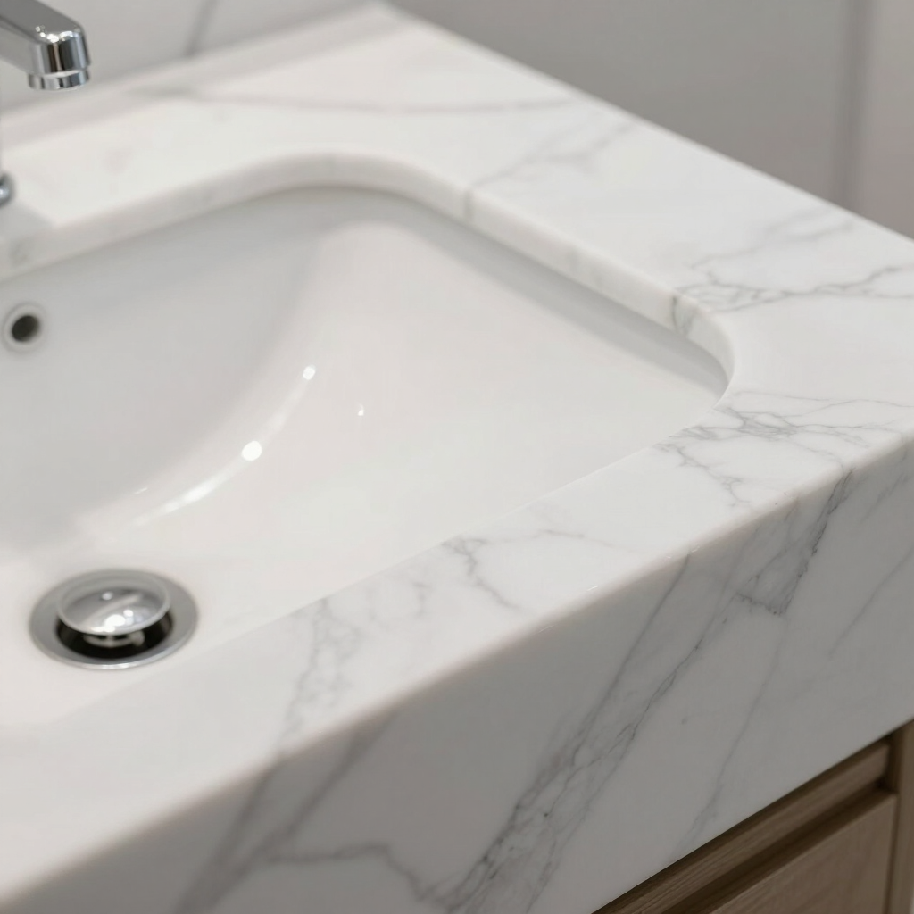 Encimera de lavabo de baño de mármol blanco con desagüe y grifo cromados.