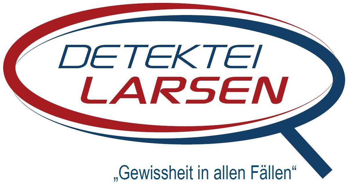 Detektei Larsen logo with blue and red oval, plus German slogan “Gewissheit in allen Fällen”