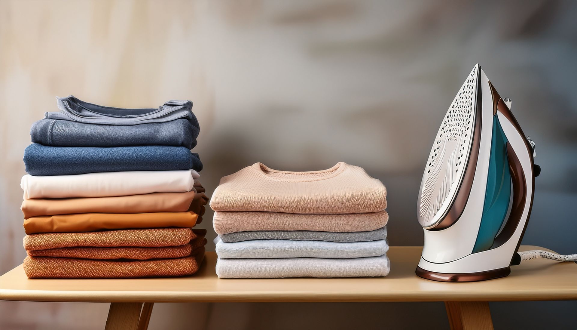 Des piles de serviettes pliées à côté d'un fer à repasser posé sur une table, sur fond flou.
