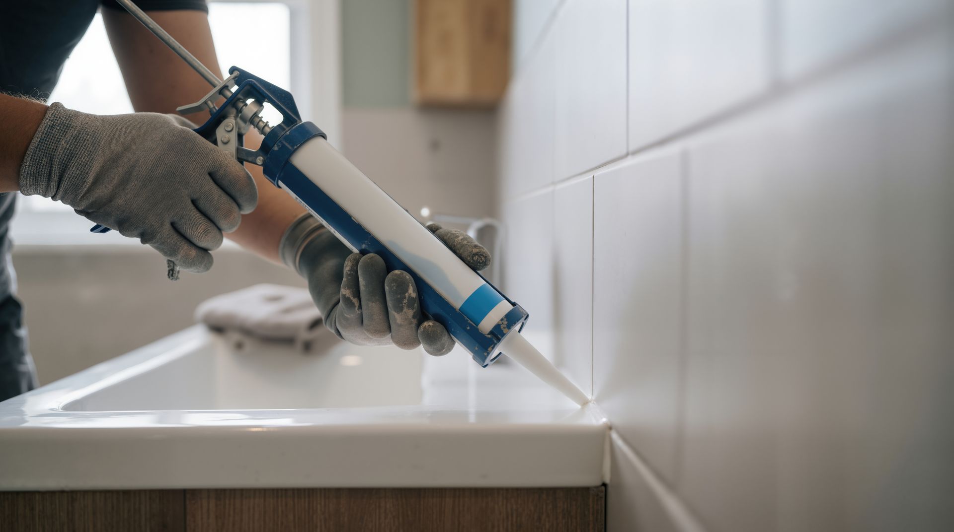 Application de mastic avec un pistolet à mastic bleu le long d'un comptoir de salle de bain blanc et d'un joint de carrelage.