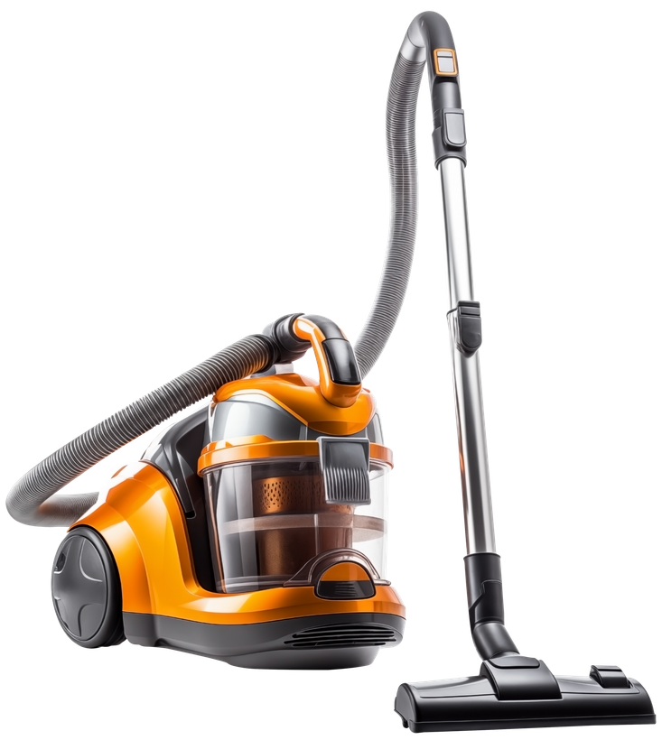 Aspirateur traîneau orange et noir avec tuyau et brosse pour sols sur fond blanc