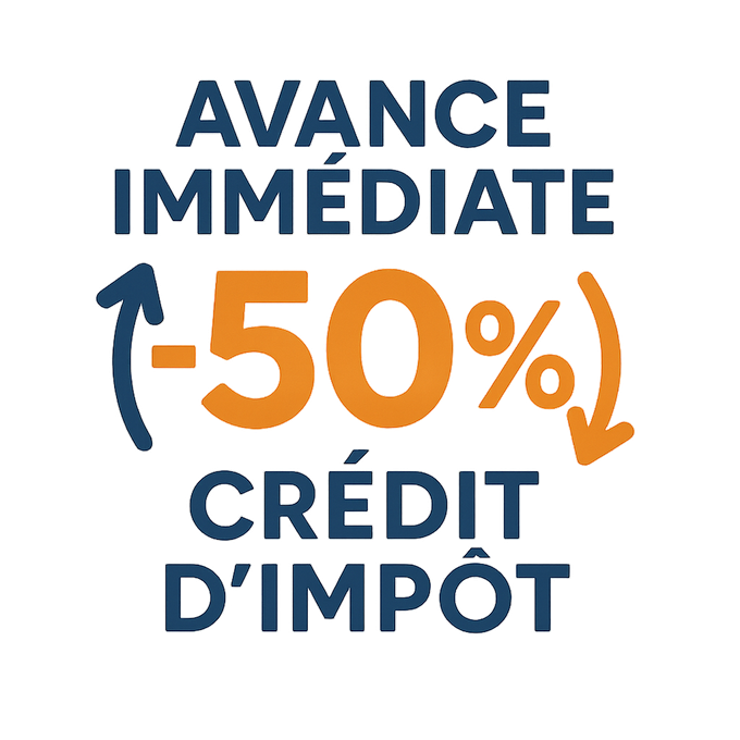 Avance immédiate -50% crédit d’impôt en bleu et orange avec flèches