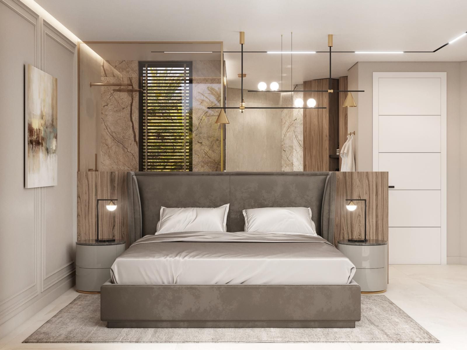 Hay una cama grande en el medio de la habitación.