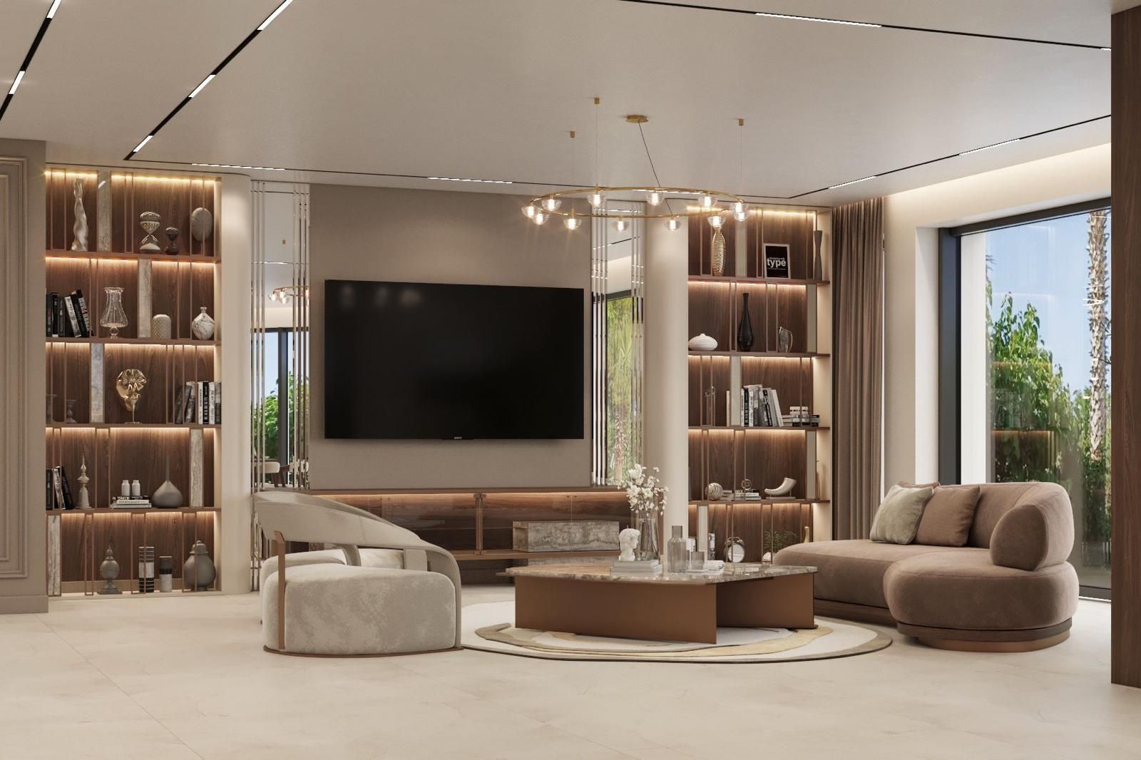 Una sala de estar con un gran televisor de pantalla plana en la pared.