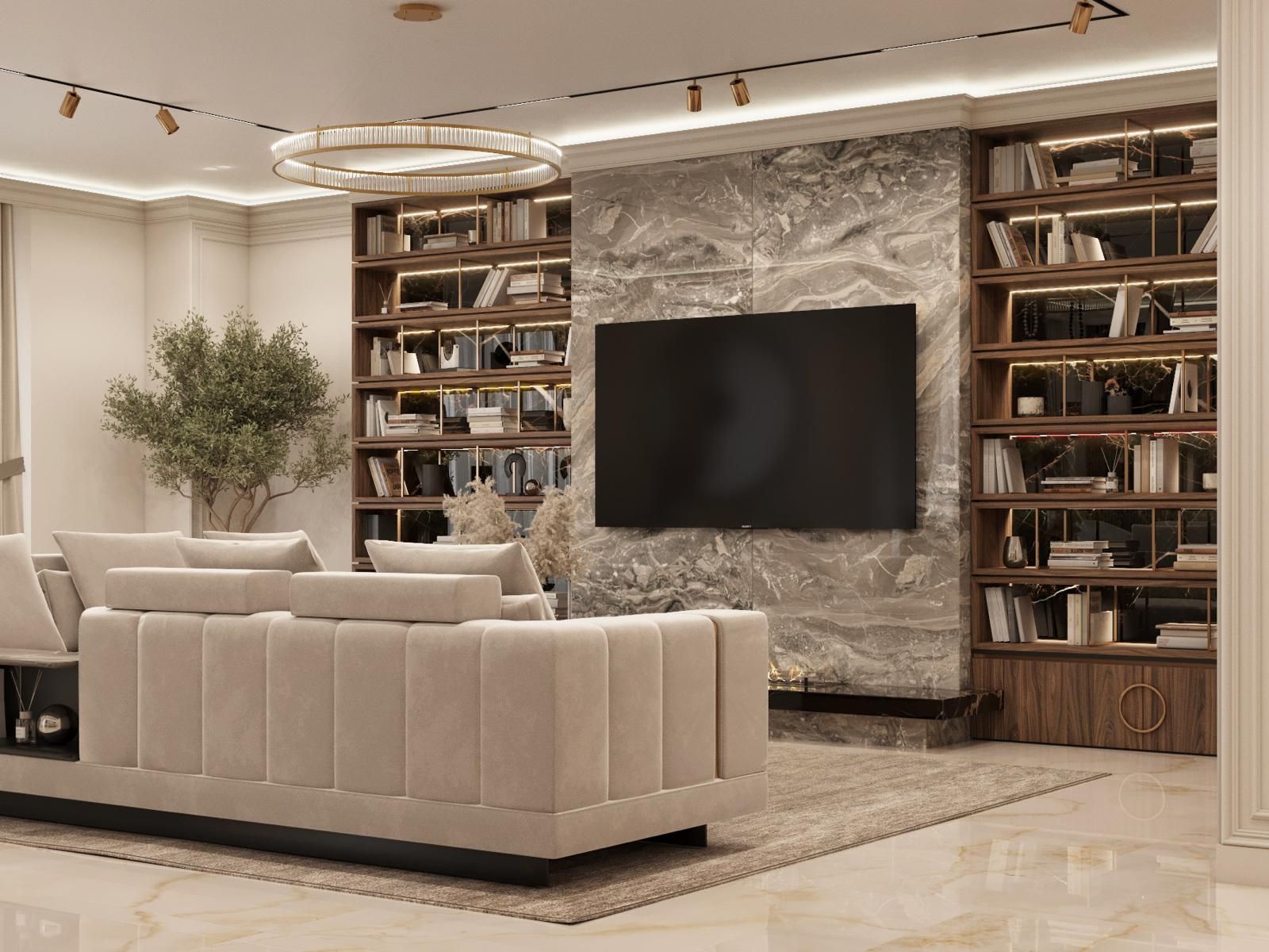 Una sala de estar con sofá, televisión y estanterías.