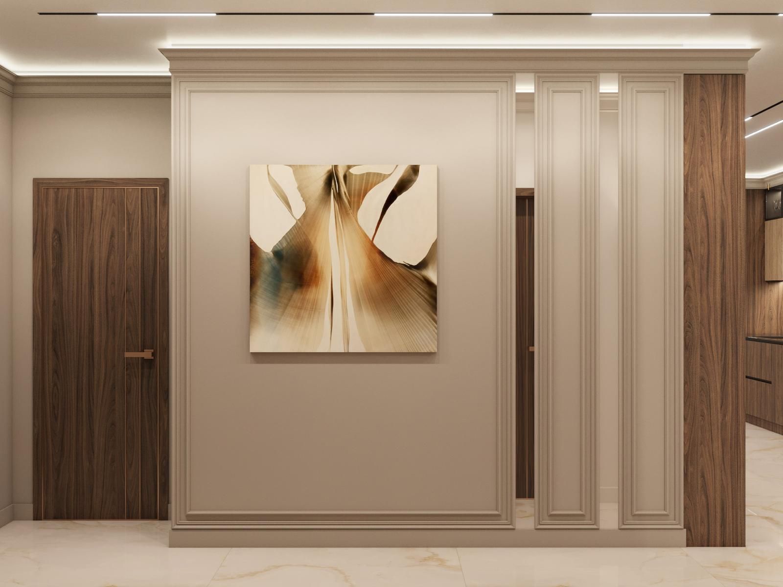 Hay una pintura en la pared del pasillo.