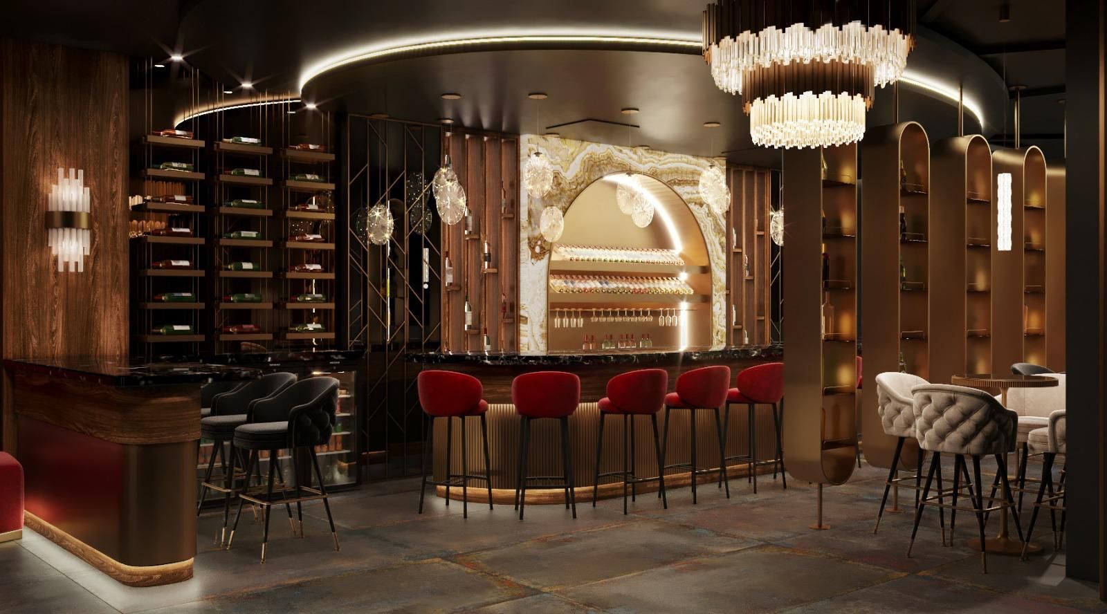 Impresión artística de un restaurante con barra y taburetes.