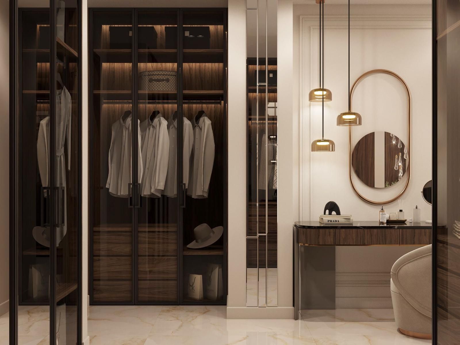 Un vestidor con tocador y espejo.