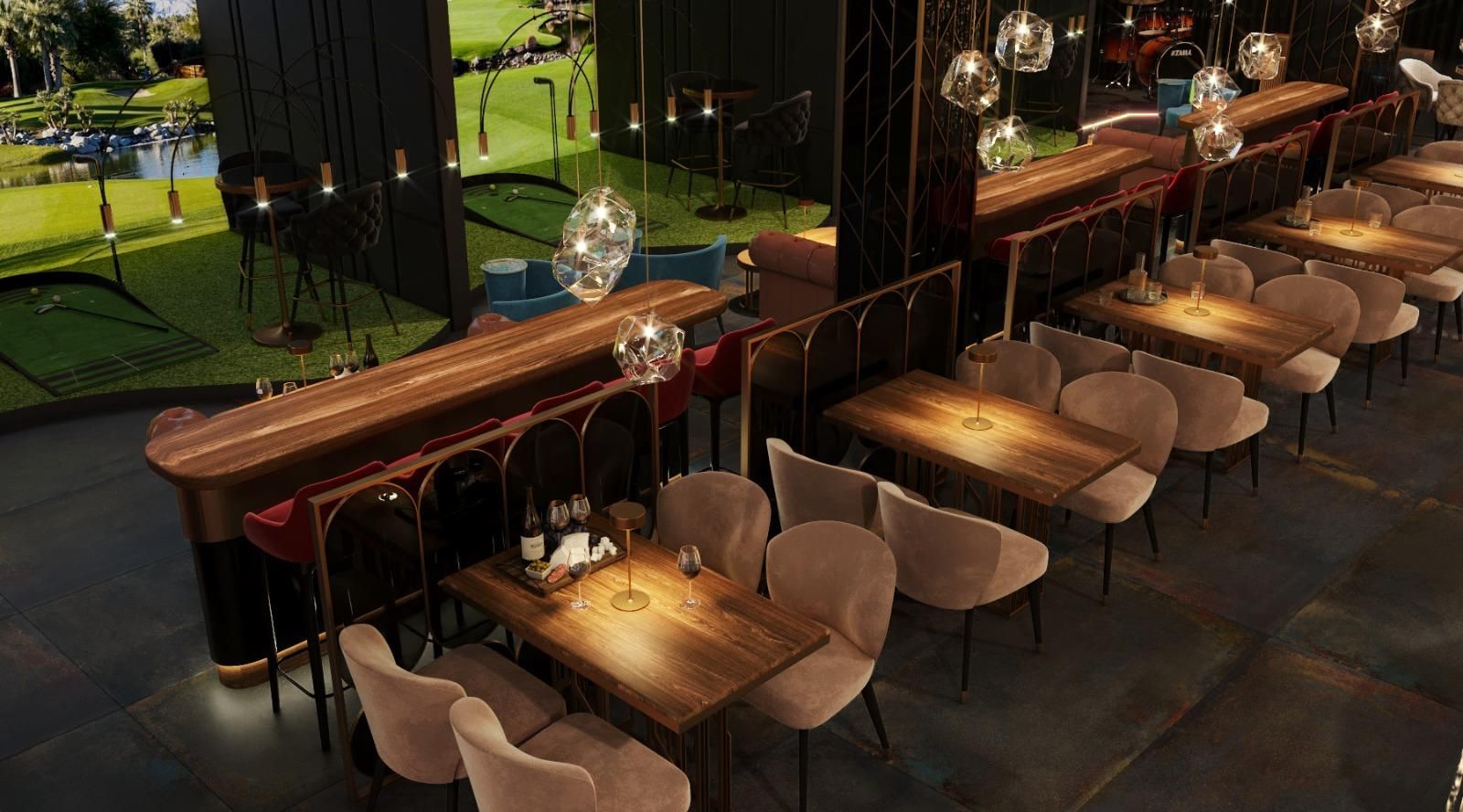 Un restaurante con mesas y sillas y un bar.