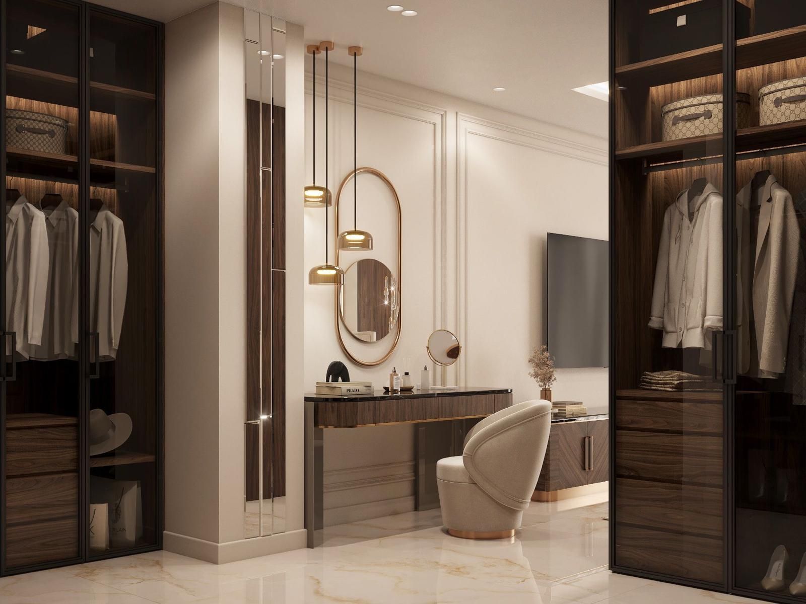 Un vestidor con tocador y espejo.