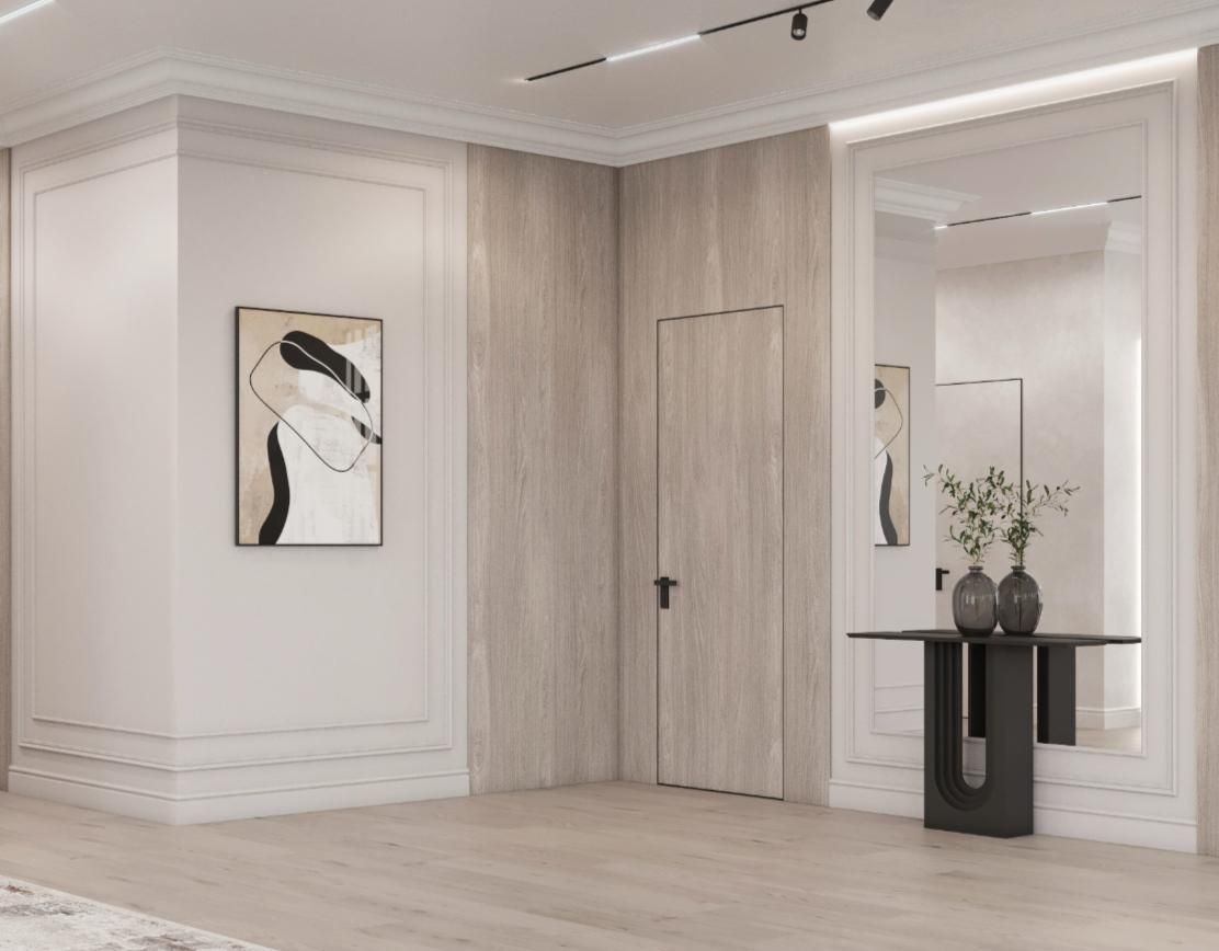 Una sala de estar con una mesa y un cuadro en la pared.